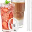 TUZAZO 20 Oz Glass Tumblers with Lids and Straws - 2 Pack Ribbed Glass Iced Coffee Cup with Straw and Lid, Thicken Glasses, Ideal for Smoothieds, Cocktails, and Juices