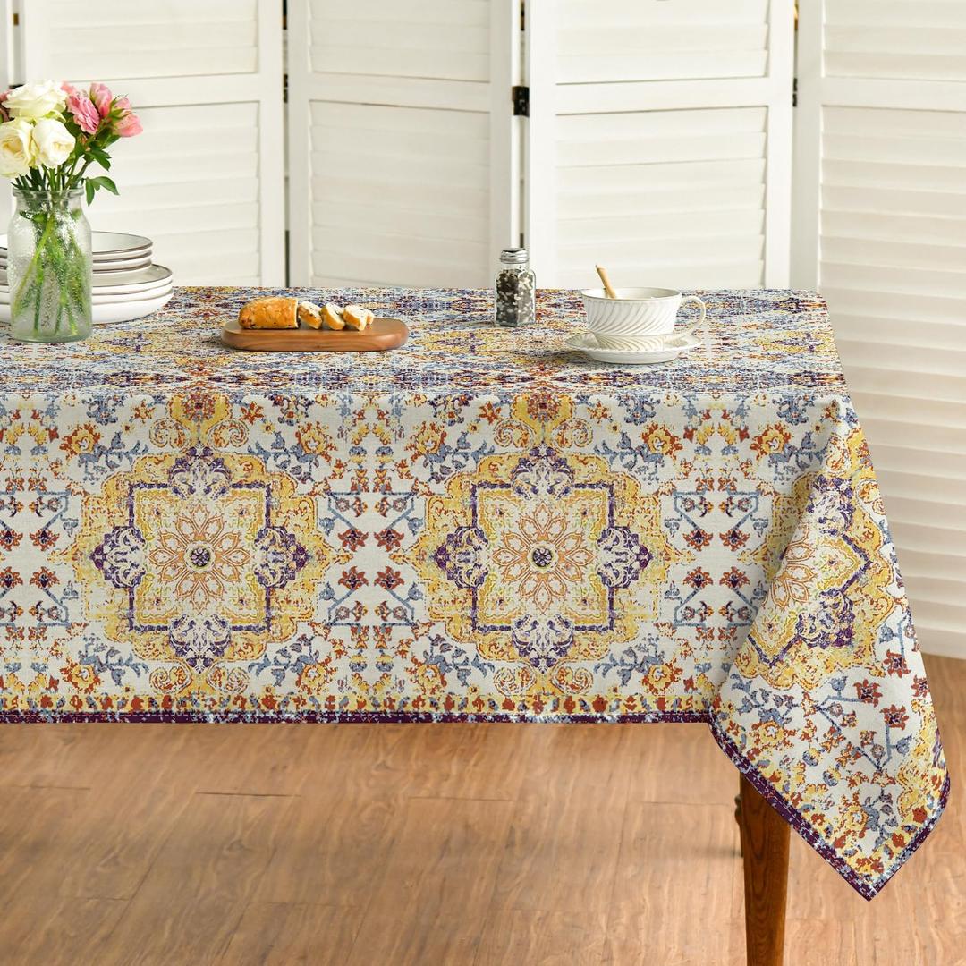 Horaldaily Boho Bohemia Style Tablecloth 60x84 Inch Rectangular, Vintage Country Rustic Farmhouse Magical Fall Yellow Washable Seasonal Table Cover for Party Picnic Dinner Decor