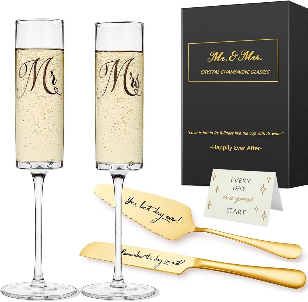 Mr and Mrs Champagne Flutes, Bride and Groom Champagne Glasses, Wedding Glasses with Cake Cutting Set, Bridal Shower Gifts, Unique Wedding Gift Engagement Gifts for Couples (Golden Printing + Gold Cutter Set)