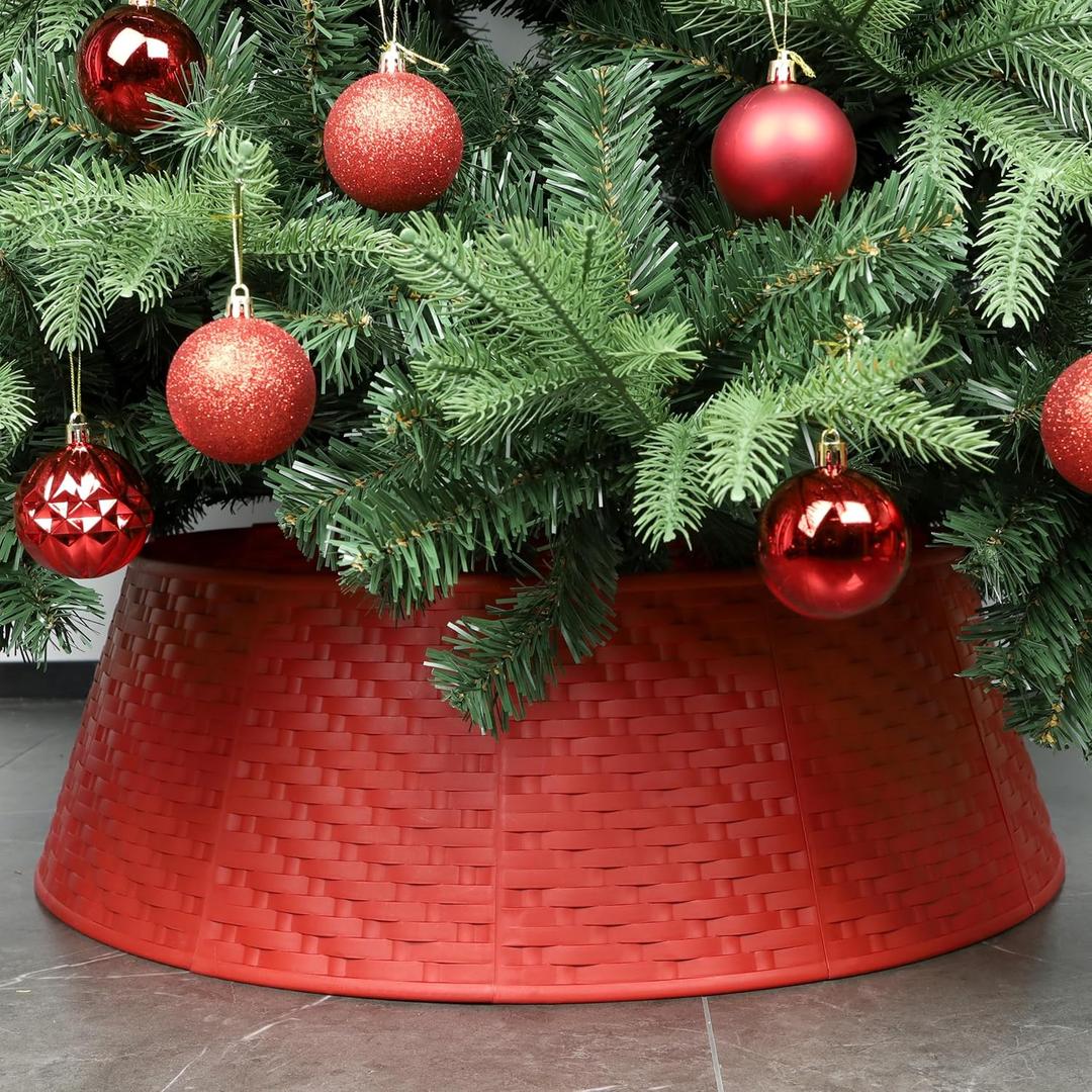 Blissun Christmas Tree Collar, 28.7" D Round Plastic Christmas Tree Ring, Christmas Tree Skirt for Artificial Christmas Trees Decoration (Red)