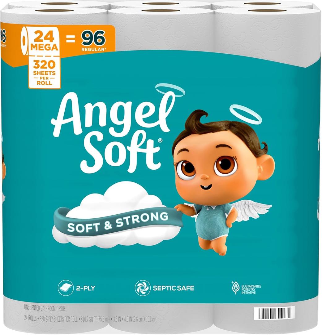 Angel Soft Toilet Paper, 24 Mega Rolls = 96 Regular Rolls, Soft and Strong Toilet Tissue (320 Sheet (Pack of 24)