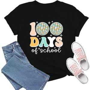TIEEI Women 100 Days of School Shirt 100th Day of School T-Shirts Teacher Life Tee Tops, XL