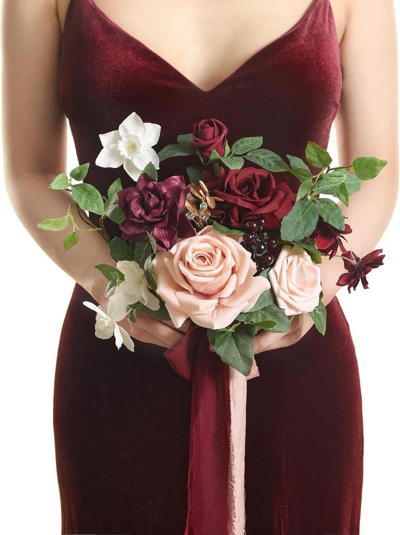 Ling's Moment Artificial Flowers Red Bridesmaid Bouquet, Red & Blush Wedding Flowers Bouquets for Bridesmaids, 7 Inch Bridal Bouquets for Bridesmaids, Wedding Decor, Anniversary, etc (7 Inch, Red-marsala & Blush Pink)