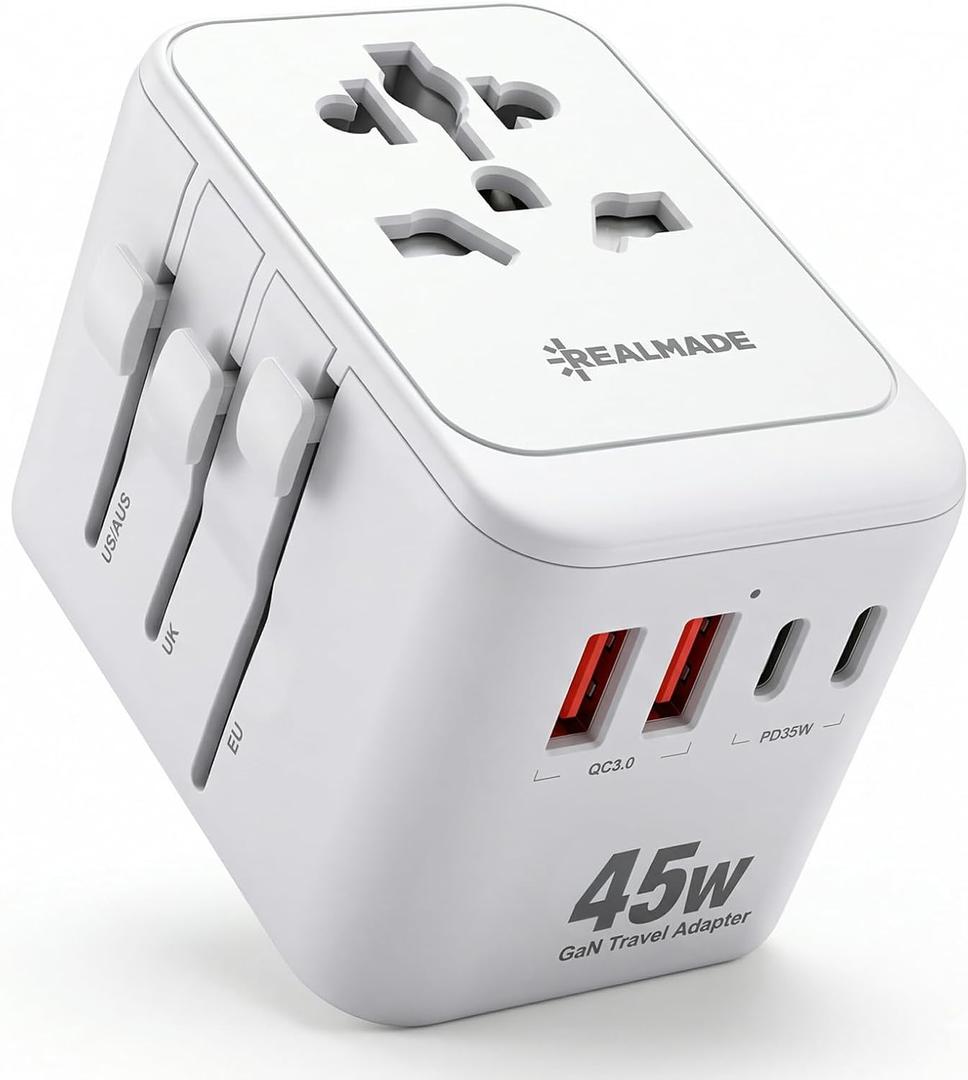Realmade 45W Universal Travel Adapter with PD Fast Charging, 5-Port (1 AC/2 USB-A/2 USB-C) European Travel Plug Adapter, Type C/G/I/A, White