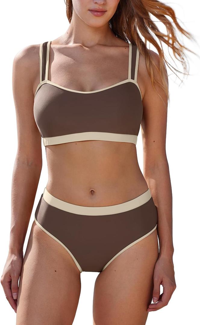 MOOSLOVER Women Bandeau High Waisted Bikini Sets Cheeky High Cut Swimsuit 2 Piece Bathing Suits (Brown, M)