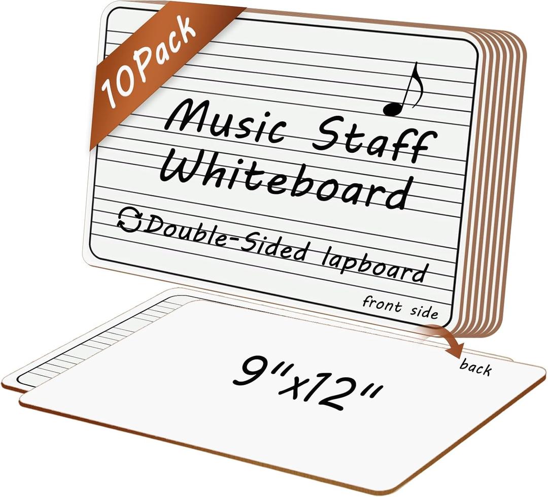 10 Pack Double Sided Music Staff Lapboards 9'' x 12'' - Mini Dry Erase Whiteboards with 3 Staves & Blank Back, Small Music Board for Students, Piano Teachers, Classroom Supplies & Gifts