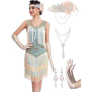 1920s Flapper Dresses for Women, Lace V-Neck Great Gatsby Costumes with Fringe (Large, Light Blue)