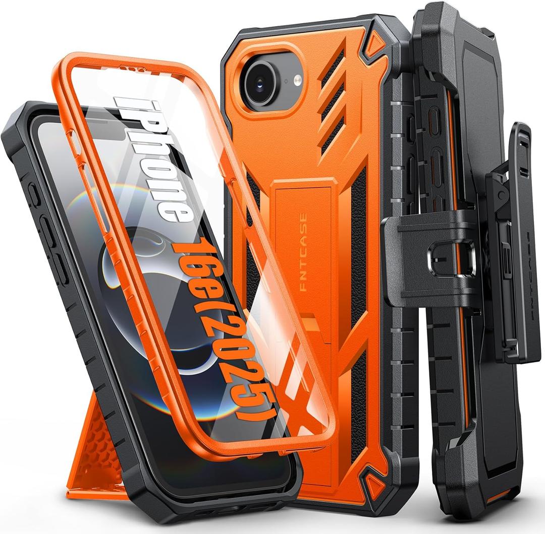 FNTCASE for iPhone 16e 2025 Case: for iPhone 16E for 17E Military Grade Rugged Case with Kickstand & Holster | Shockproof TPU Protection Bumper Matte Textured Design | Heavy Duty Protector (Orange)