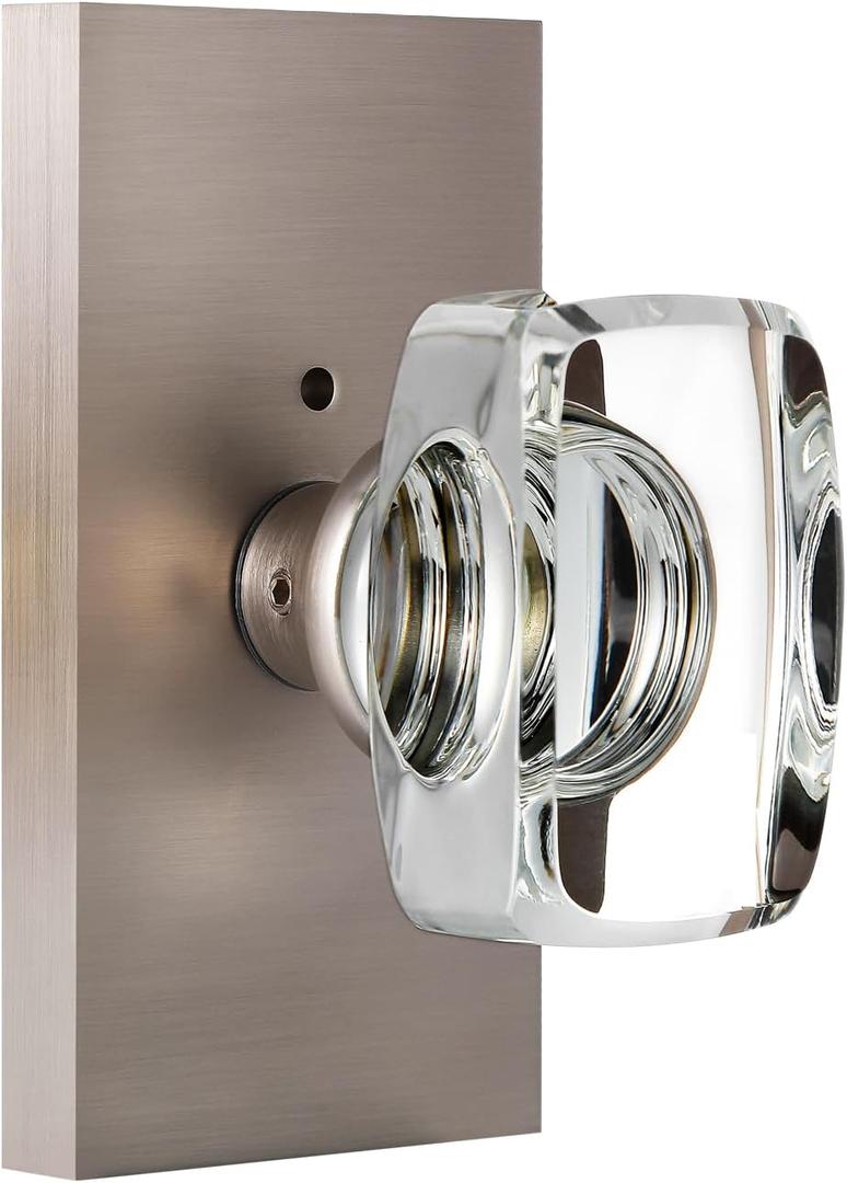 Glass Door Knobs Interior with Lock, Crystal Modern Privacy Door Knob for Bedroom Bathroom, Brushed Nickel