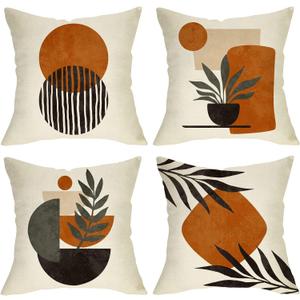 Boho Abstract Sunset Plant Olive Leaves Decorative Throw Pillow Covers Set of 4, Bohemian Geometry Line Pillowcase Decoration, Minimalist Modern Art Aesthetic Cushion Case Home Decor 20x20