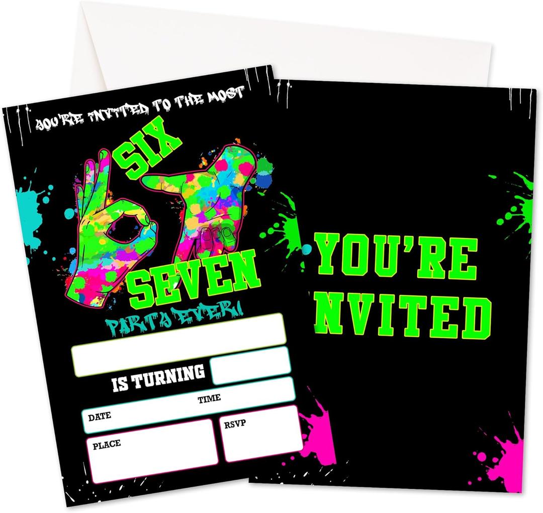 7th Birthday Invitations, 6 7 Neon Graffiti Birthday Party Invites Cards With Envelopes For Girls Boys, I Was 6 Now I'm 7 Birthday Party Decorations Supplies, 20 Pack (27)