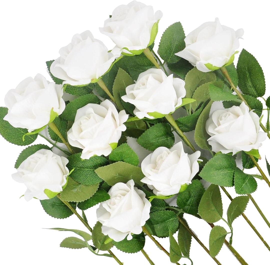 Kenpal 10 Pack White Artificial Roses- Real Touch Velvet Fake Flowers, Bendable Stems for Wedding Decor, Elegant Centerpiece, Modern Farmhouse Home (White)