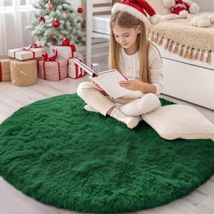 OLANLY Dark Green Round Rugs for Bedroom - Machine Washable, 4 ft Circle Area Rugs for Living Room, Soft and Fluffy Shaggy Carpet for Teen Girls and Boys, Nursery Rooms, Dorms, Home Decor Aesthetic