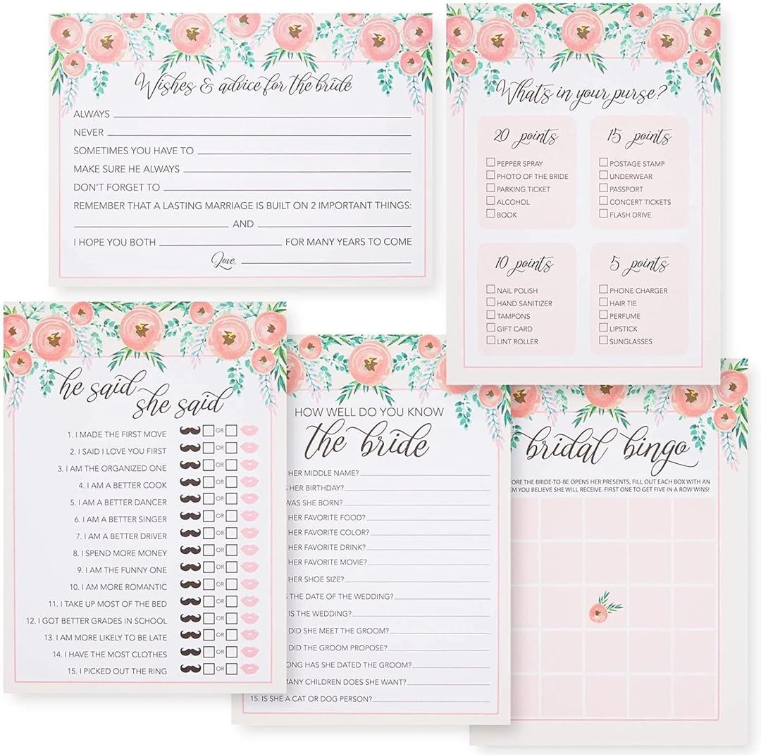 Juvale Bridal Shower Games Set of 5 for 50 Guests - 5 x 7 in Rustic Floral Cardstock - Wedding Games & Advice Cards for Bridal Shower Favors & Guests