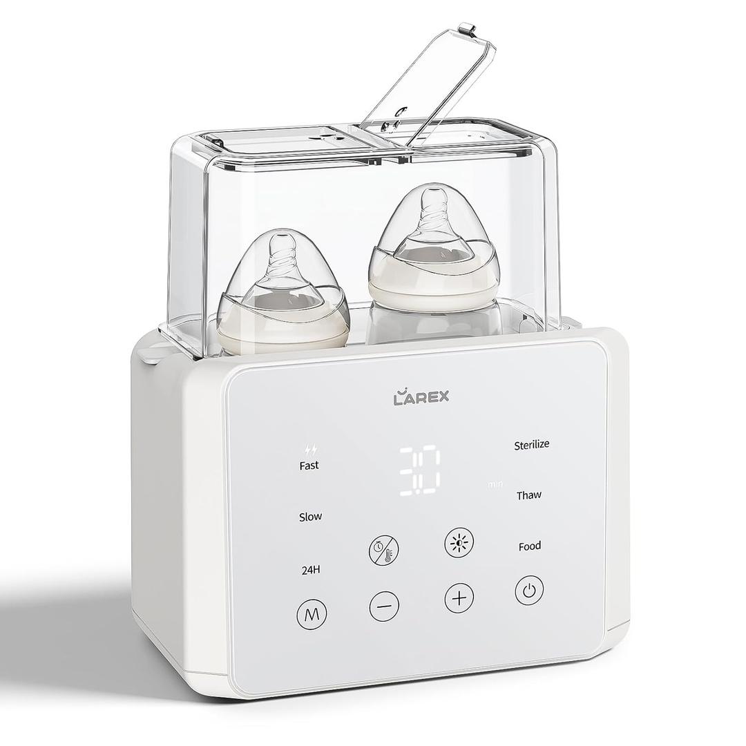 LAREX Double Bottle Warmer, 11-in-1 Fast Baby Bottle Warmer for Breastmilk and Formula, with Timer, Fits 2 Bottles, Accurate Temp Control, Milk Warmer with Thaw, Steri-lizing, Keep Warm, Heat Food (White)