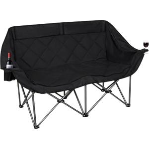 Double Camping Chair for 2 Persons, Oversized Folding Loveseat Camping Chair with Cup & Wine Holders, Heavy Duty 750LBS Support, Portable Camping Couch for Outdoor, Lawn, Beach, Black