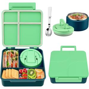 Bento Lunch Box for Kids with 8oz Soup Thermo,Kids Leakproof Lunch Food Containers with 4 Compartment,Kid Insulated Thermo Hot Food Jar for School,Trvael-Green