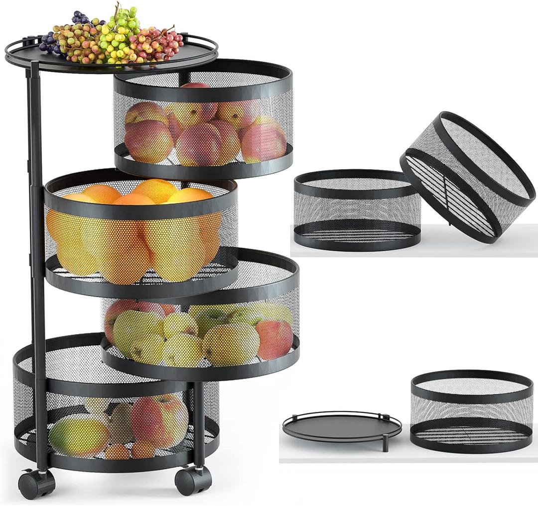 HOYRR Rotating Storage Rack for Kitchen, 4 Tier Fruit and Vegetable Storage for Kitchen Rotating Storages Rack with Wheels, Cart Space Saver Potatoes Fruit Basket, Black