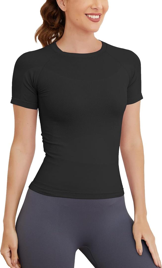 MathCat Short Sleeve Workout Tops for Women, Seamless Workout Shirts for Women, Yoga Athletic Shirts Soft Gym Tops (Medium, Black)