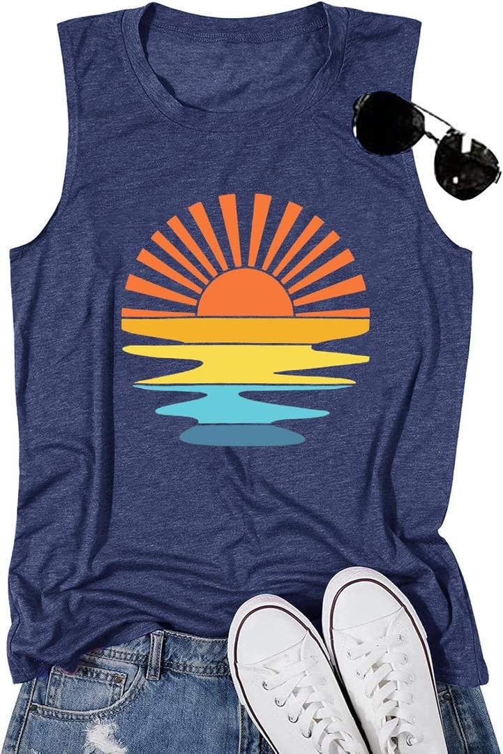 Womens Sunshine Graphic Tank Top Summer Beach Tops Casual Hawaiian Shirts Dark Blue,M