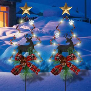 MorTime 2 Pack Solar Lighted Christmas Garden Stake Lights, 33in LED Christmas Tree Yard Stakes for Christmas Outdoor Garden Lawn Pathway Decoration