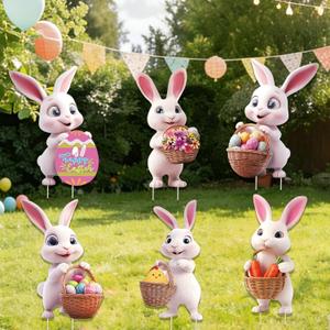 6 PCS Easter Bunny Yard Signs with Stakes, Large Easter Bunnies Outdoor Decorations for Yard Lawn Photography Egg Hunt Sign Waterproof Photo Props