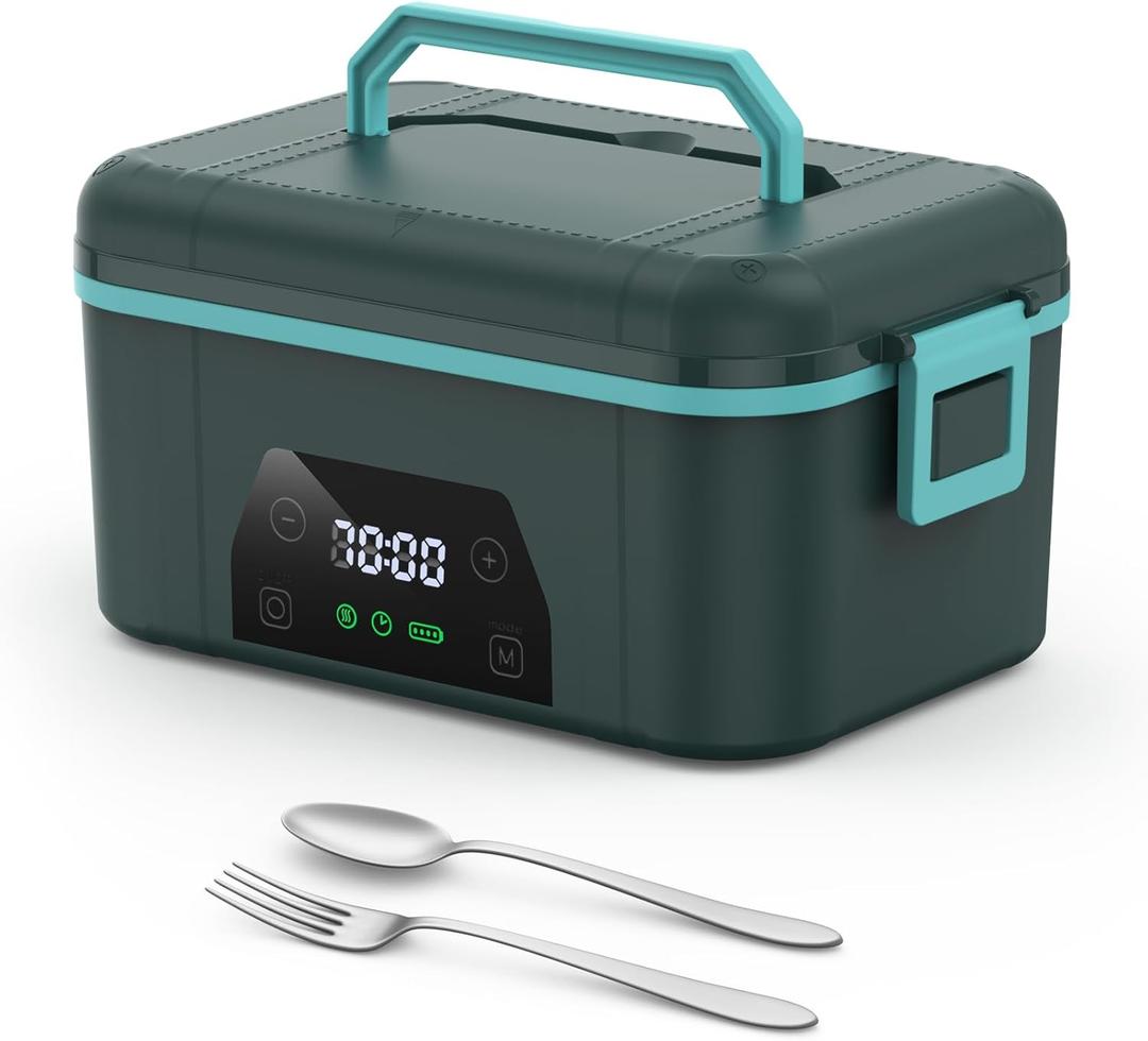 Cordless Heated Lunch Box, Smart Timer Automatic Heating Food Warmer for Adults, 5.5-Cup Portable Electric Lunch Container with Handheld Insulated Bag (Dark Blue)