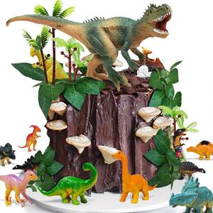 GLAHORSE 26 PCS Dinosaur Cake Toppers With Dinosaur Eggs Leaves Trees Cake Decorations For Birthday,Dinosaur Themed,Jungle Safari, Wild Animals,Kids Party Decorations