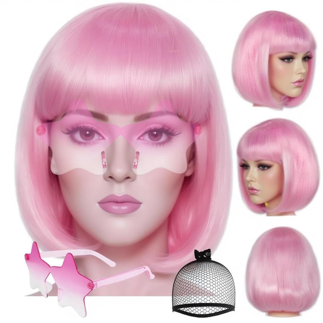 ANOGOL Hair Cap + (Sunglasses) Light Pink Bob Wig with Bangs Womens Pink Party Wigs with Star Shape Sunglasses Short Neon Wig for Daily Party Outfit Fun wigs for Halloween Costume Night Club Hair