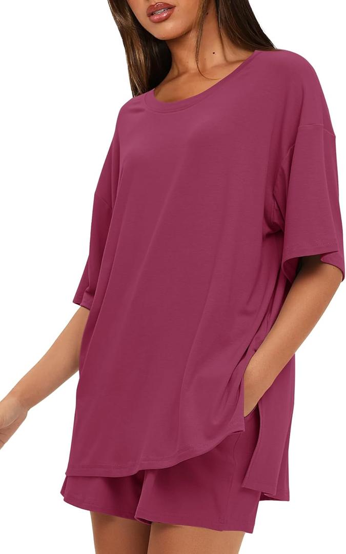 Darong Women's 2 Piece Lounge Set Short Sleeve Boxy T-shirt & Shorts Comfywear Summer Pajama Set Loungewear Set (Large)