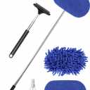 3 in 1 Car Windshield Cleaner Tool 40Car Rearview Mirror Wiper Squeegee Wash Brush Extra Large Washable Microfiber Pad Extendable Handle Auto Window Glass Cleaning Kit Interior Exterior Dusting