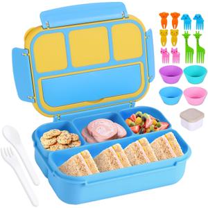 Bento Box for Kids Girls Boys, Bento Box Adult Lunch Box with 4 Compartments, Lunch Containers with Utensils, Sauce Jar, Muffin Liners for School, 40 Oz/5 Cup, Blue (1200ML)