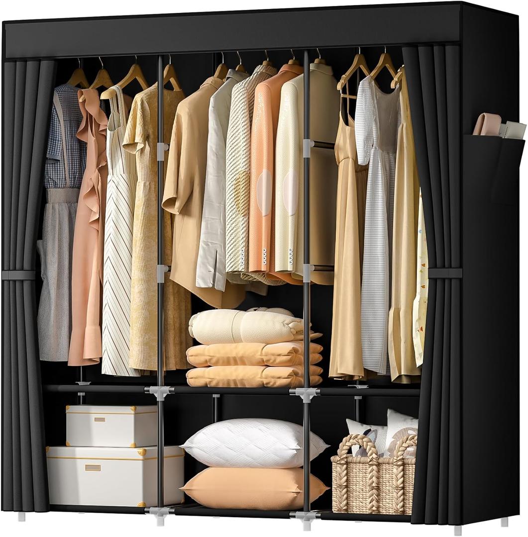 Wardrobe ClosetPortable Closets for Hanging Clothes,Free Standing Clothes Rack with Cover & 3 Hanging rods & 6 Storage Shelves & 2 Side Pockets (3 Row - 49"Wide, Black)