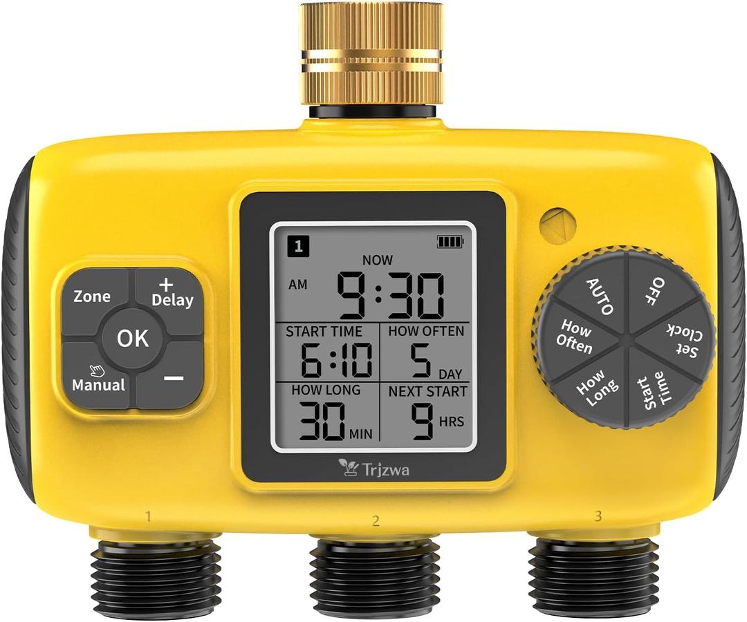 3 Zone Sprinkler Timer for Garden Hose,Water Timer with 3 Independent Zone,Programmable Automatic&Manual Irrigation System with Brass Inlet,Rain Delay,IPX5 Waterproof,LCD Display for Yard,Lawn,Pool