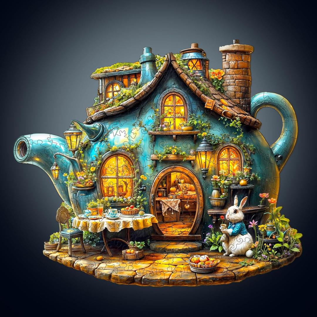 WOODBESTS Wooden Puzzles for Adults, Rabbit's Teapot Wood Puzzles Adult(90 Pieces, S, 8.5 * 7.2in), Unique Shape Wooden Animal Jigsaw Puzzles, Birthday Gifts for Adults Family Game