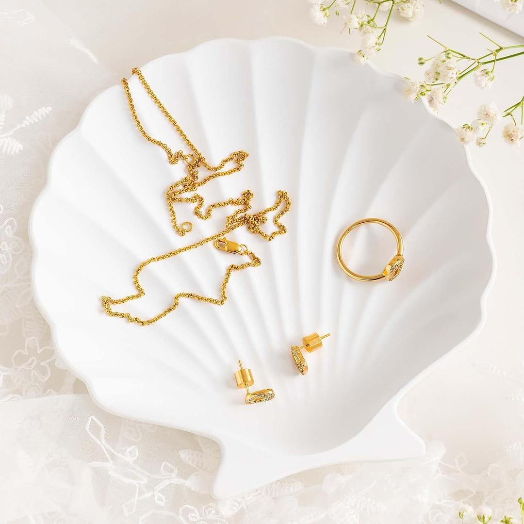 Ring Dish Shell Shape Metal Jewelry Dish Tray, Decorative Trinket Holder with Velvet Bottom, Earrings Necklaces Bracelet Watch Keys Holder for Vanity, Nightstand(Matte White)