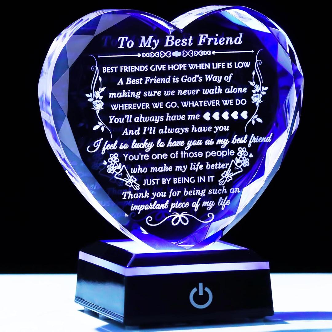 Best Friend Birthday Gifts with Colorful LED Base Crystal to My Best Friend Heart Gifts Friendship Gift for Women for Christmas Female Friend Gift Ideas BFF Gift for Her, Bestie Gifts
