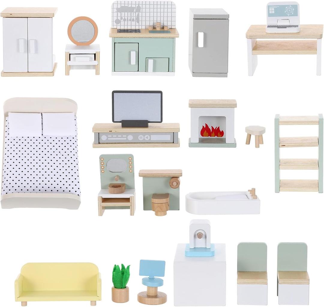 Garneck Wooden Dollhouse Furniture Set for Kids, Miniature Kitchen Living Room Furniture, Pretend Play Accessories for Birthday Christmas