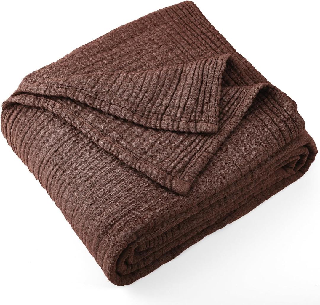 Carriediosa 100% Cotton Muslin Throw Blanket 70" X 80" Twin Size4-Layers Summer Gauze Throws for Bed CouchSoft Lightweight Breathable Linen Blankets Bedspread for Adults All SeasonDark Brown