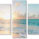 Goldfoilart 5 Pieces Beach Sunset Canvas Wall Art Blue Sea Prints Romantic Ocean Waves Pictures Painting for Living Room Bedroom Home Decorations Wall Decor Ready to Hang, 12x20Inchx2pcs+12x26Inchx2pcs+12x32Inch x1pc