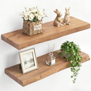 PERFNIQUE 36 Inch Floating Shelves Set of 2, Solid Elm Wood Rustic Live Edge Wall Decor Shelves - Invisible Bracket Mount for Living Room, Kitchen, Bathroom, Natural.