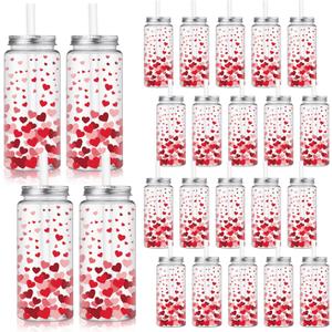 Meanplan 24 Pcs Valentines Gift Bulk 13.5 oz Red Heart Plastic Cup with Lids and Straws Romantic Reusable Tumbler Drinking Mugs for Adults Valentines Wedding Bridal Party Favors Supplies