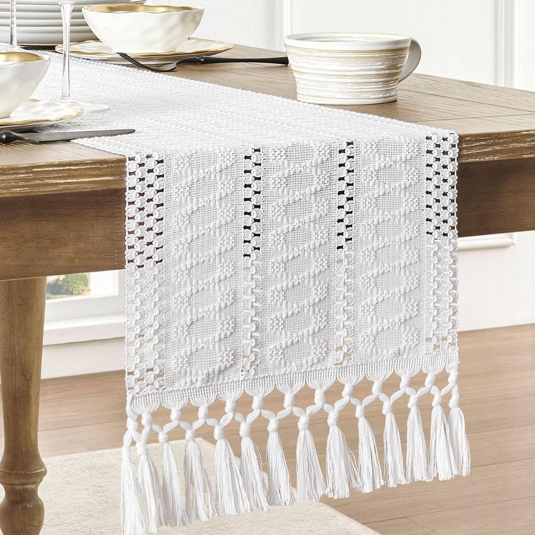 ZeeMart Macrame Style Boho Table Runner, White Table Runners 36 Inches Long, Farmhouse Woven Home Decor, 12x36 Inch, White