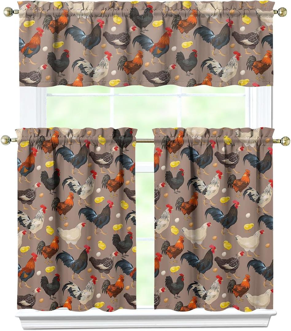 3 Piece Chicken Kitchen Curtains and Valances Set for Windows Rooster Kitchen Window Curtains Over Sink Decor 27.5x36 in