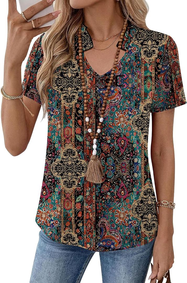 Kistore Womens Summer Tops Short Sleeve V Neck Casual Shirts Beach Vacation Dressy Work Blouses (M)