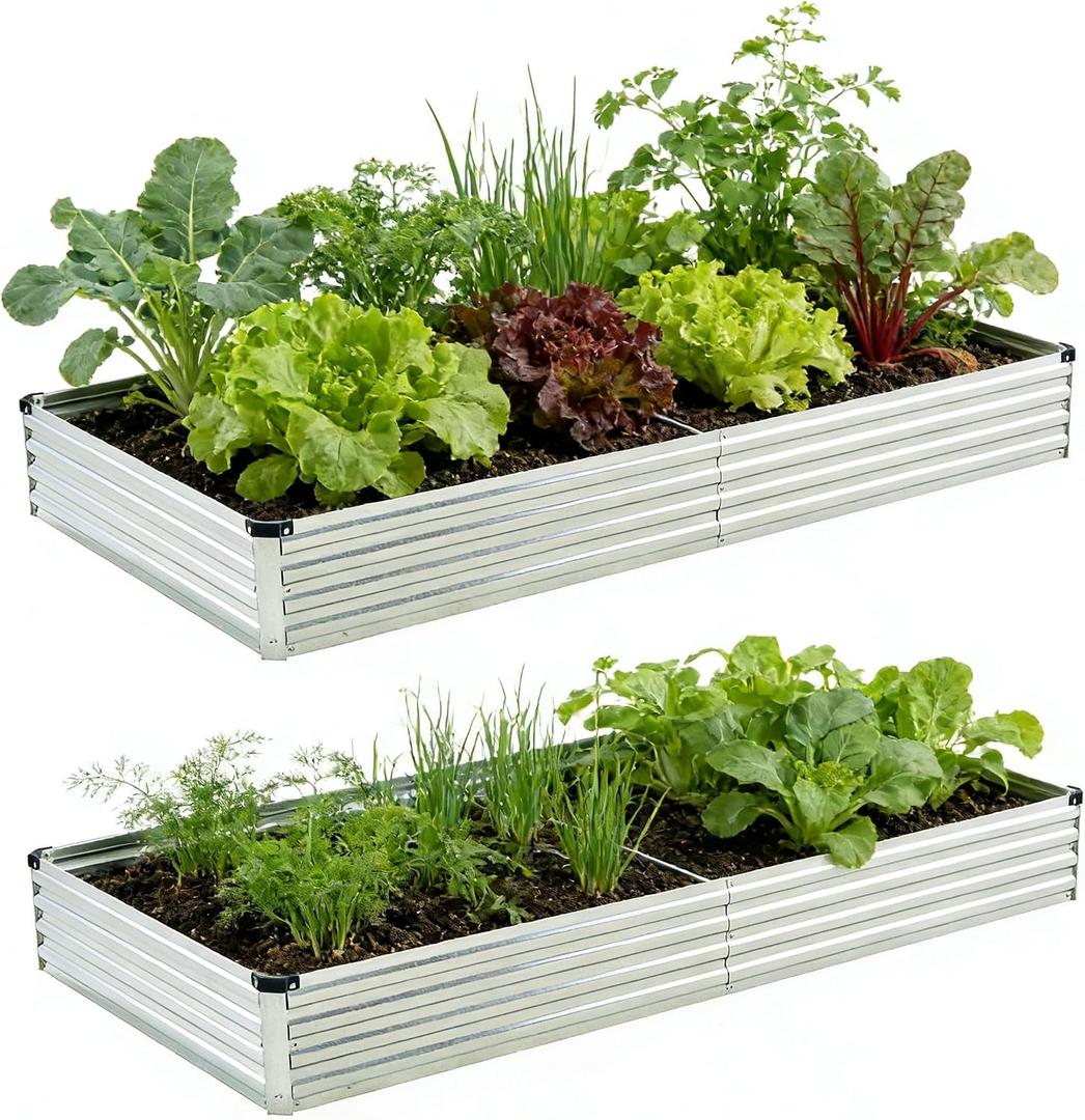 Foxlang 8x4x1ft(2 PCS) Galvanized Raised Garden Bed,Outdoor Planter Box Metal Patio Kit Planting Bed for Vegetables Flowers Herb,Silver