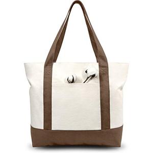 TOPDesign 3-Pack Canvas Tote Bags with an External Pocket, Reusable Grocery Shopping Bags, Top Zipper Closure, Daily Essentials (Brown/Natural)