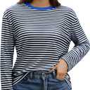 Gardenwed Long Sleeve Shirts for Women Striped Crewneck Loose Fit Basic Tops 2025 Fall T-Shirt (Blue, M)