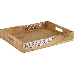 Coffee Table Tray (Natural Finish) - Flourish - Wood Serving Tray w/Handles for Breakfast in Bed - Mango Wood Decorative Tray w/Felt Pads - Medium Wood Tray - 16 x 12 x 2.5