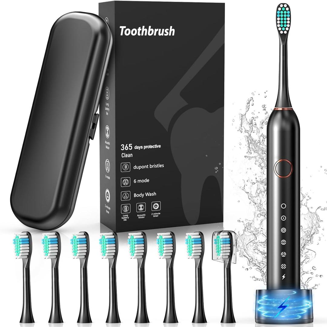 Electric Toothbrush, Sonic Type for Adults & Teens, 8 Brush Heads, Travel Case, 6 Modes, 40000 VPM Electric Motor, IPX7 Waterproof, 2 Minutes Timer, Wireless Charging, One Charge for 100 Days-Black